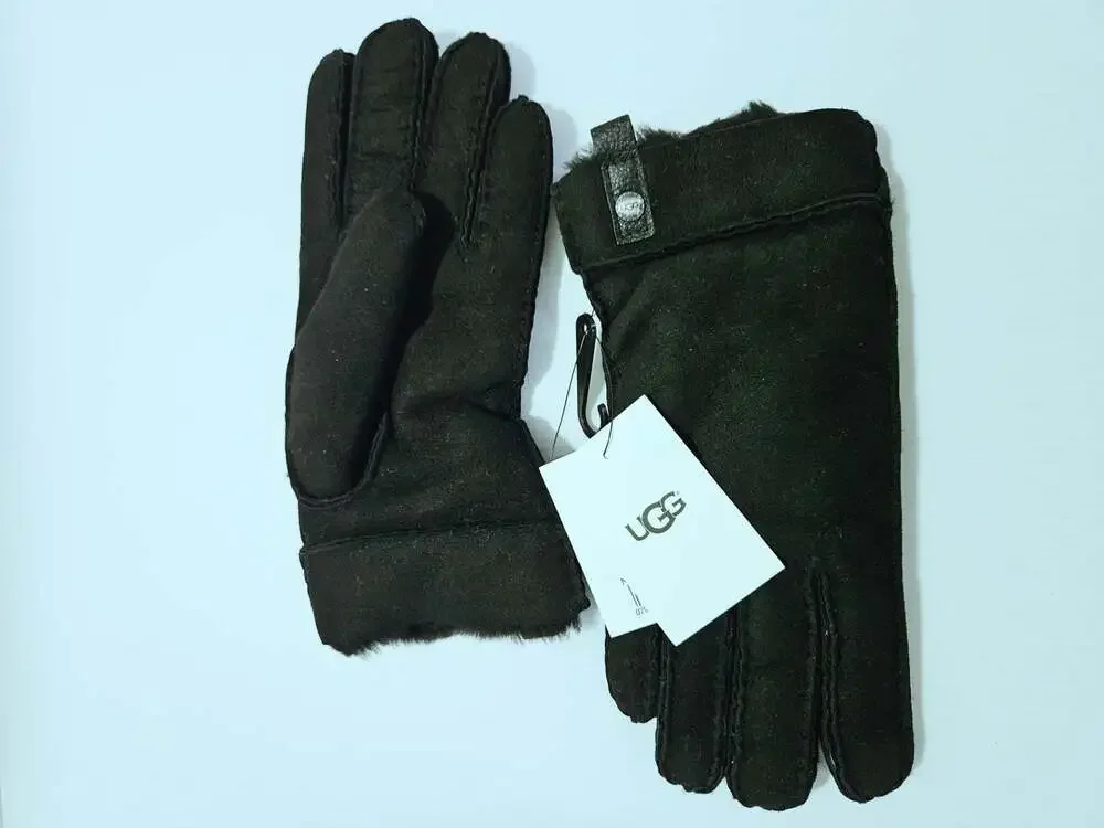 UGG Women's Turn Cuff Sheepskin Black Suede Long Gloves Size M